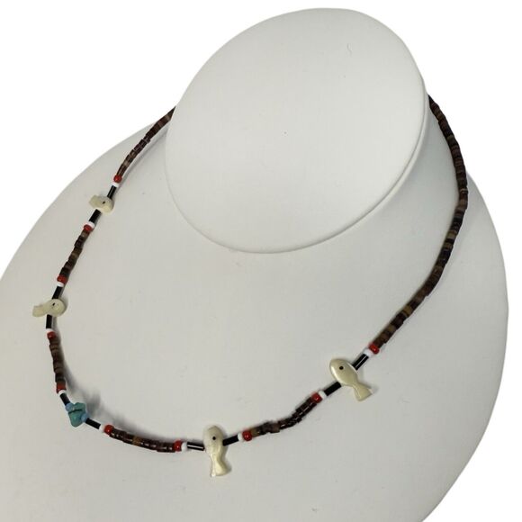 Native American Carved Mother Of Pearl Fish Fetish Necklace 16.5" Southwestern - Picture 4 of 8
